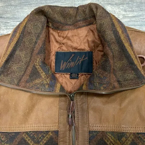 Vintage Winlit Leather Coat Wool Blend Aztec Southwest Women Size Large Brown - Picture 9 of 12